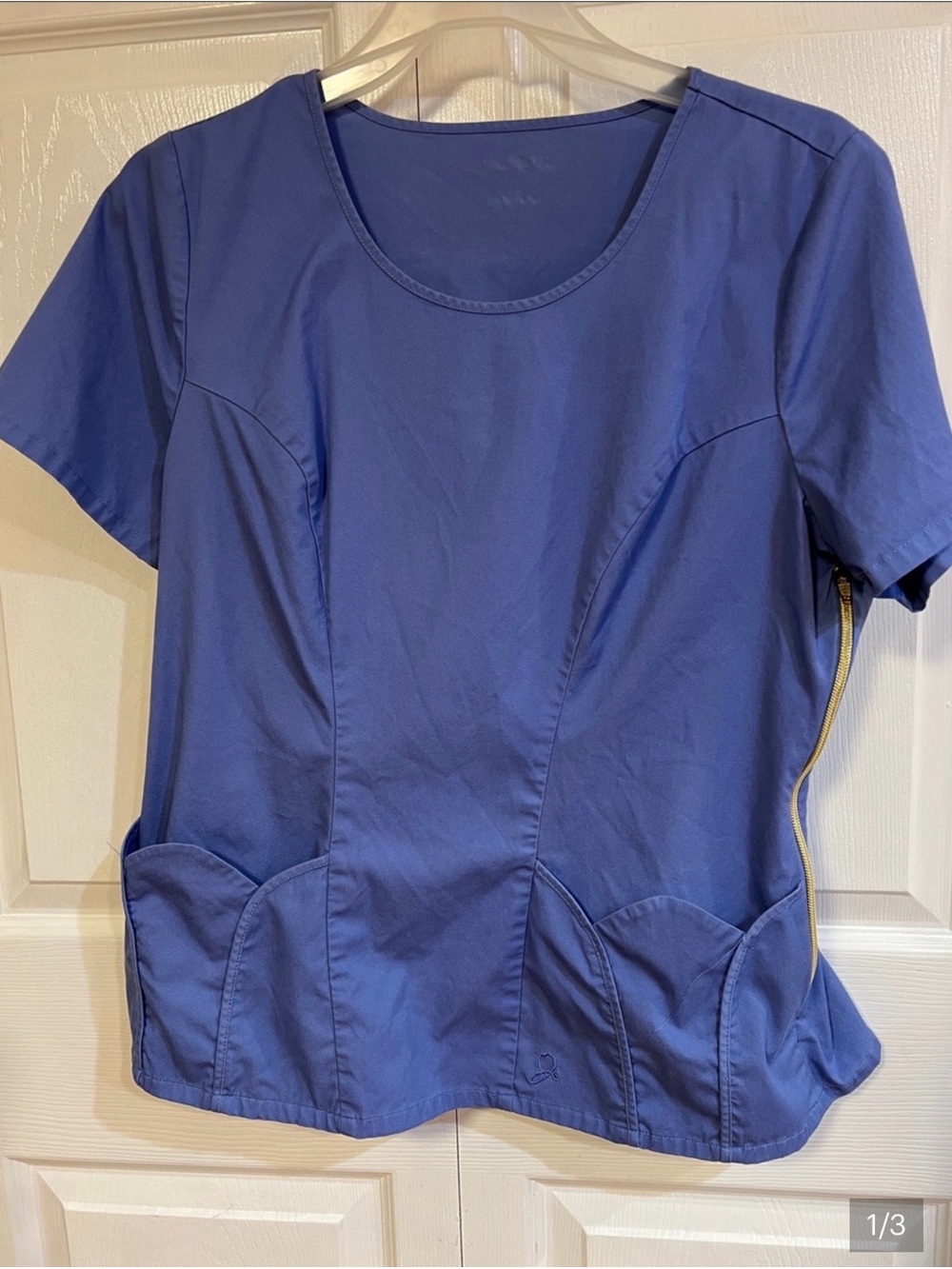 Jaanuu Short Sleeve Scoop Neck Scrub Top - Blue with Gold Zip